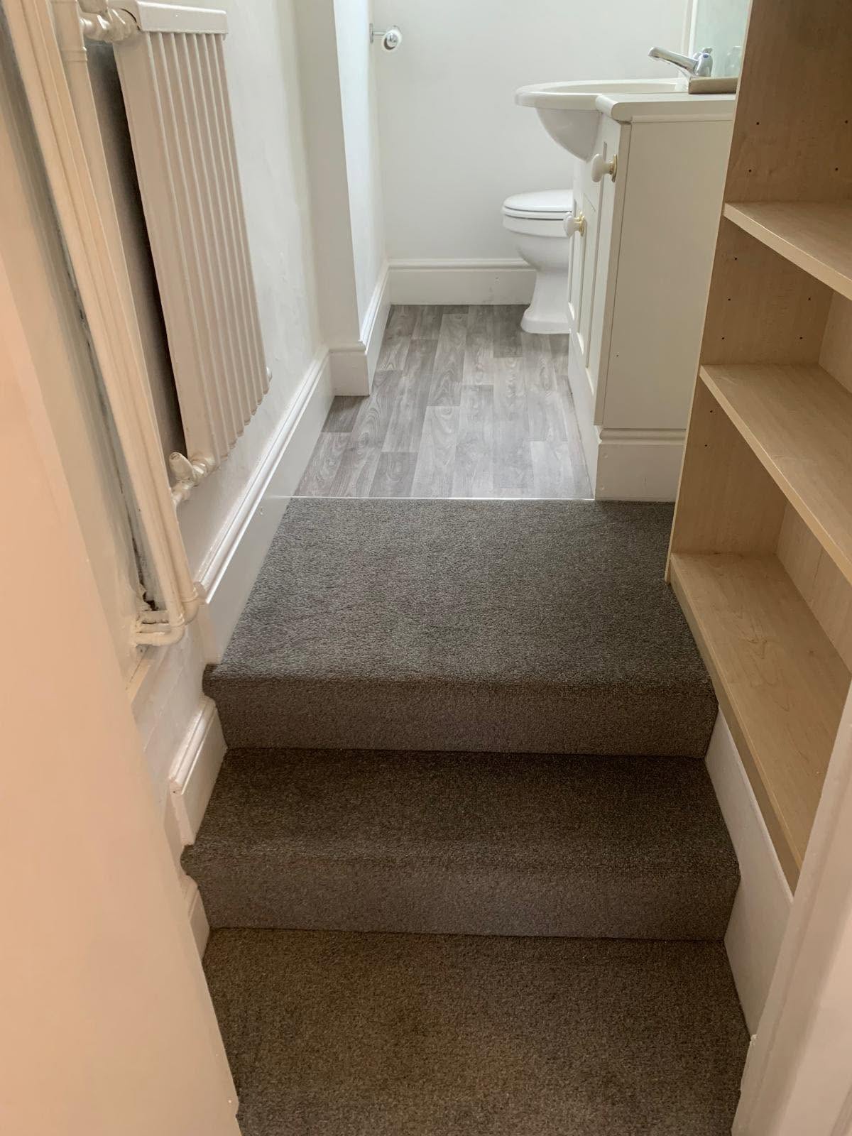 Carpeted steps leading up to a bathroom with vinyl flooring