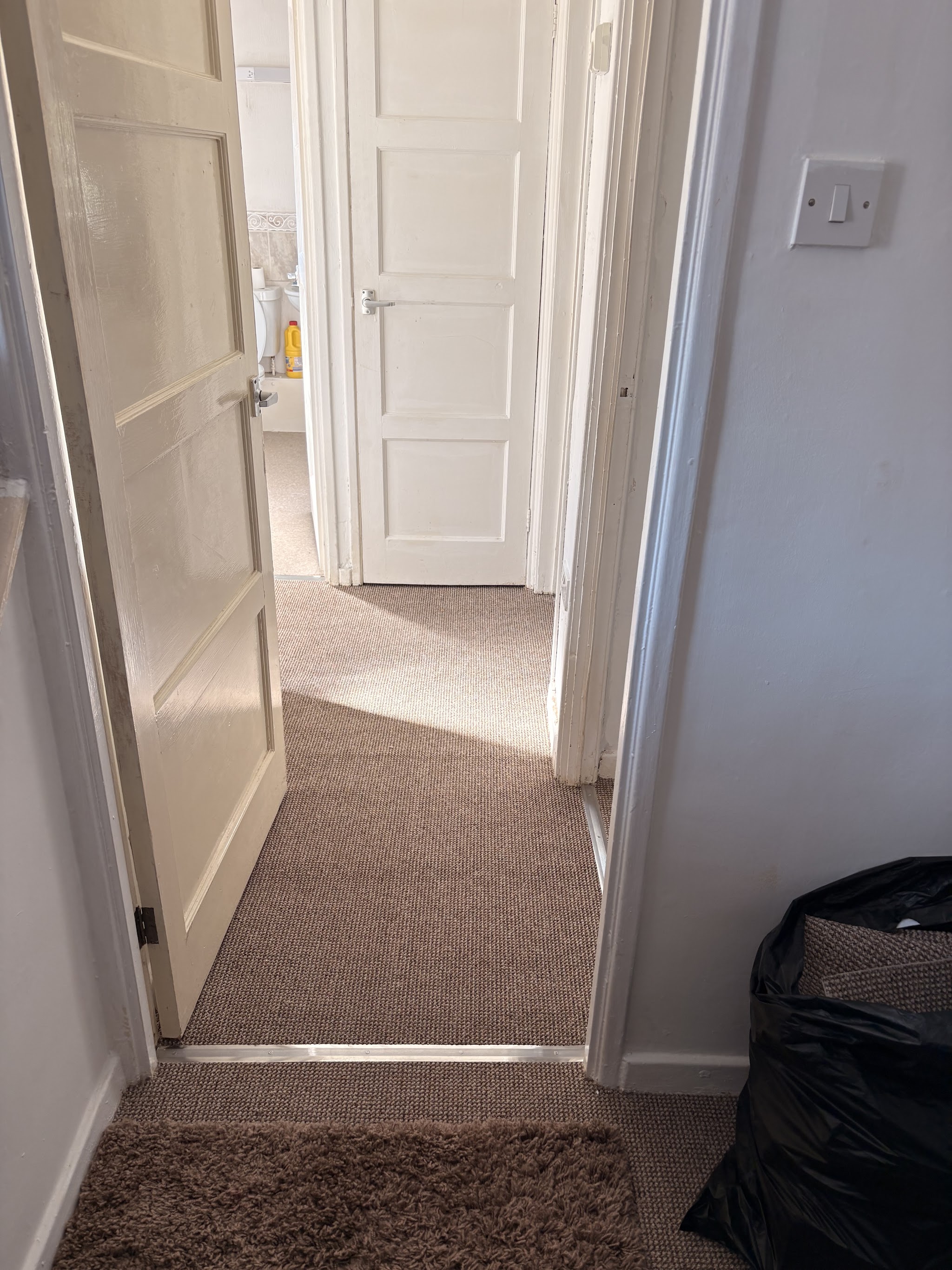 Carpeted landing with a door bar into the next room